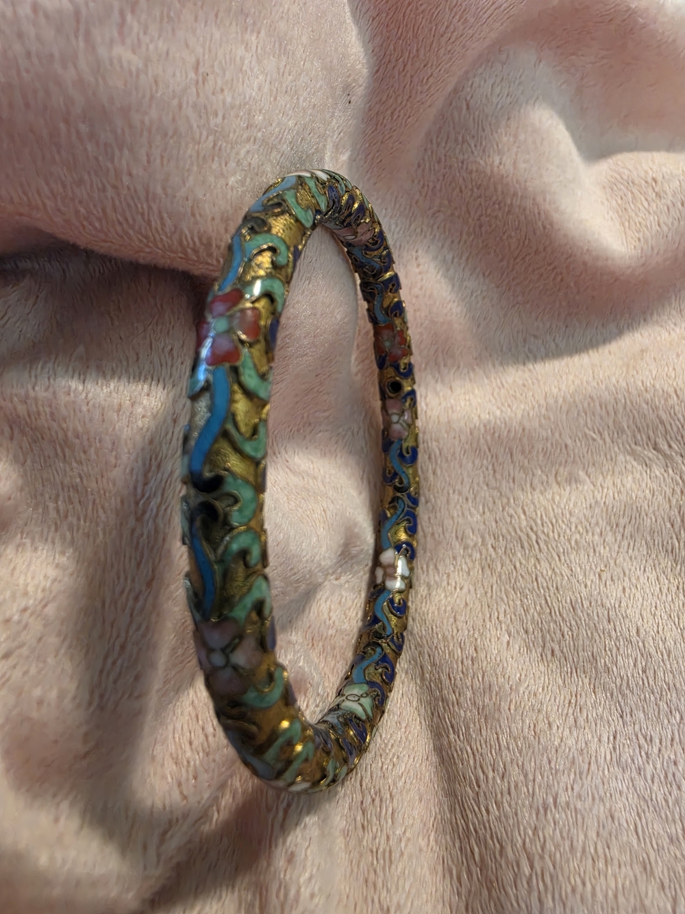 Cloisonné Floral Enamel Bangle Bracelet - Gold & Turquoise